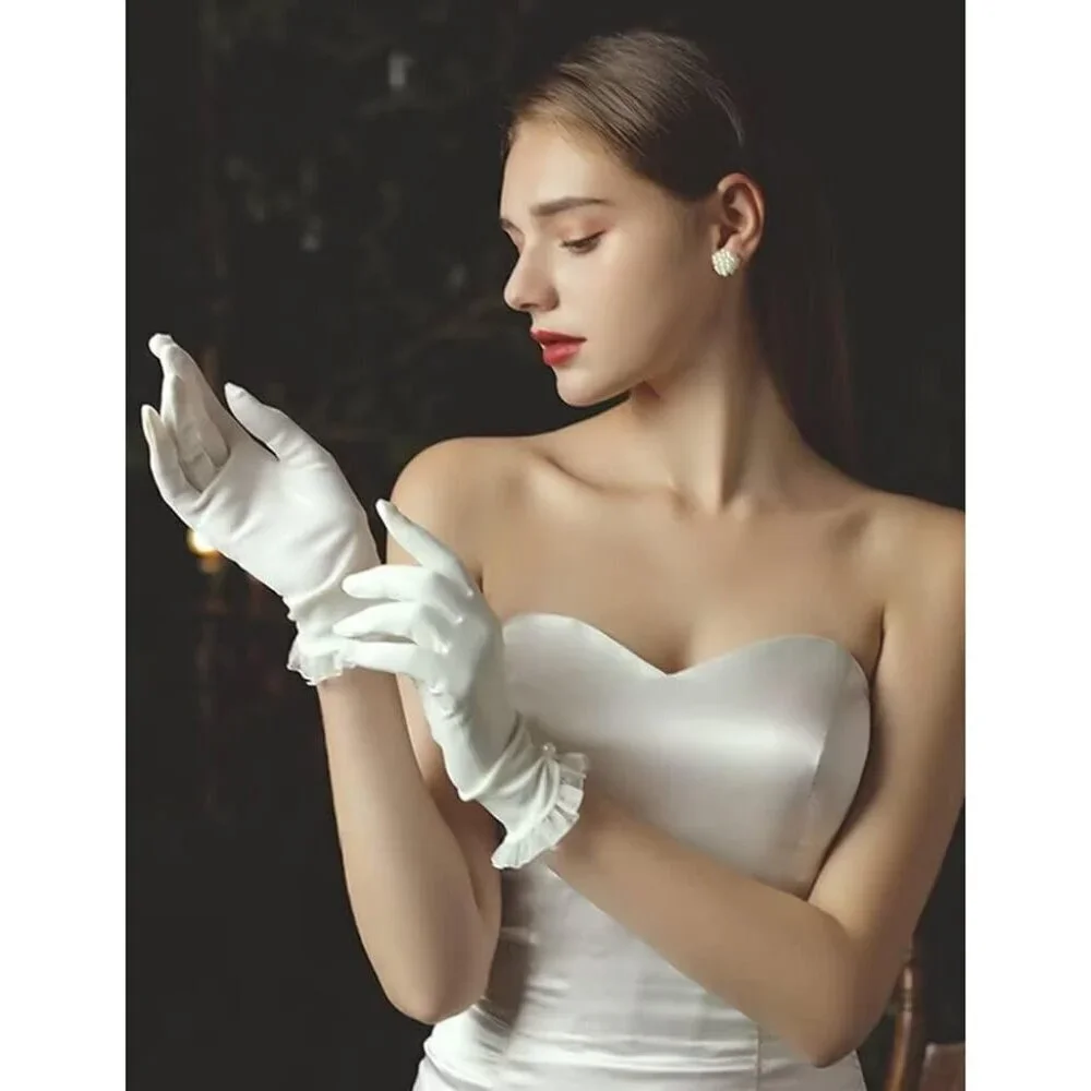 Women's Lvory Floral Lace Short Satin Ruffle Pearls Evening Gloves Party Prom